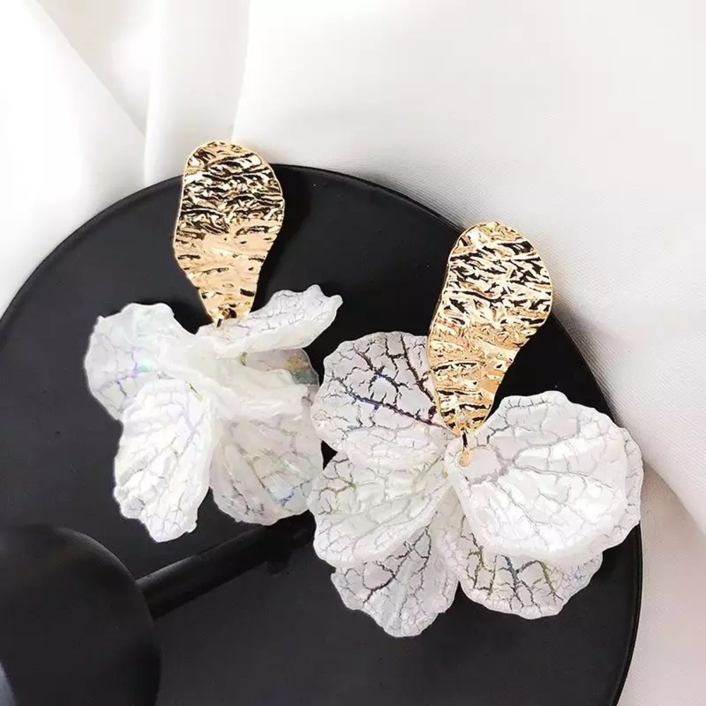 White shell flower petal long drop earrings
